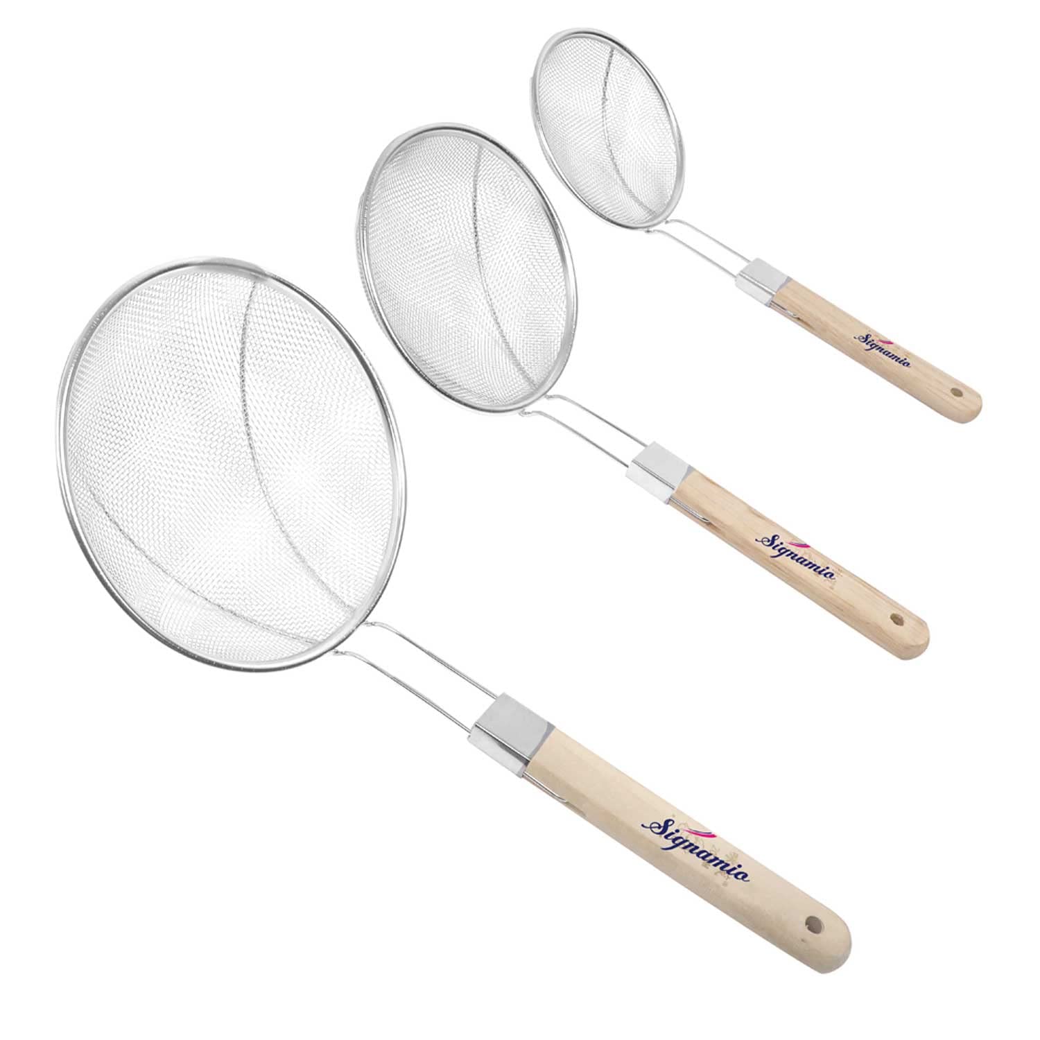 Signamio Diameter 18 cm Stainless Steel Deep Fry Net Spoon Oil Strainer for Kitchen - Frying Spoon for Puri & Poori Strainer Kitchen Utensil for Frying, Cooking & Straining Tool Wood Handle