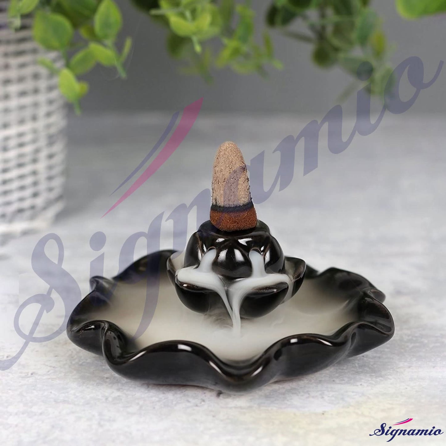 Signamio Ceramic Decorative Incense Stick Stand with Backflow Incense Smoke Fountain - 30 Cones Included for Pooja Meditation, Backflow Incense Burner Holder for Decor