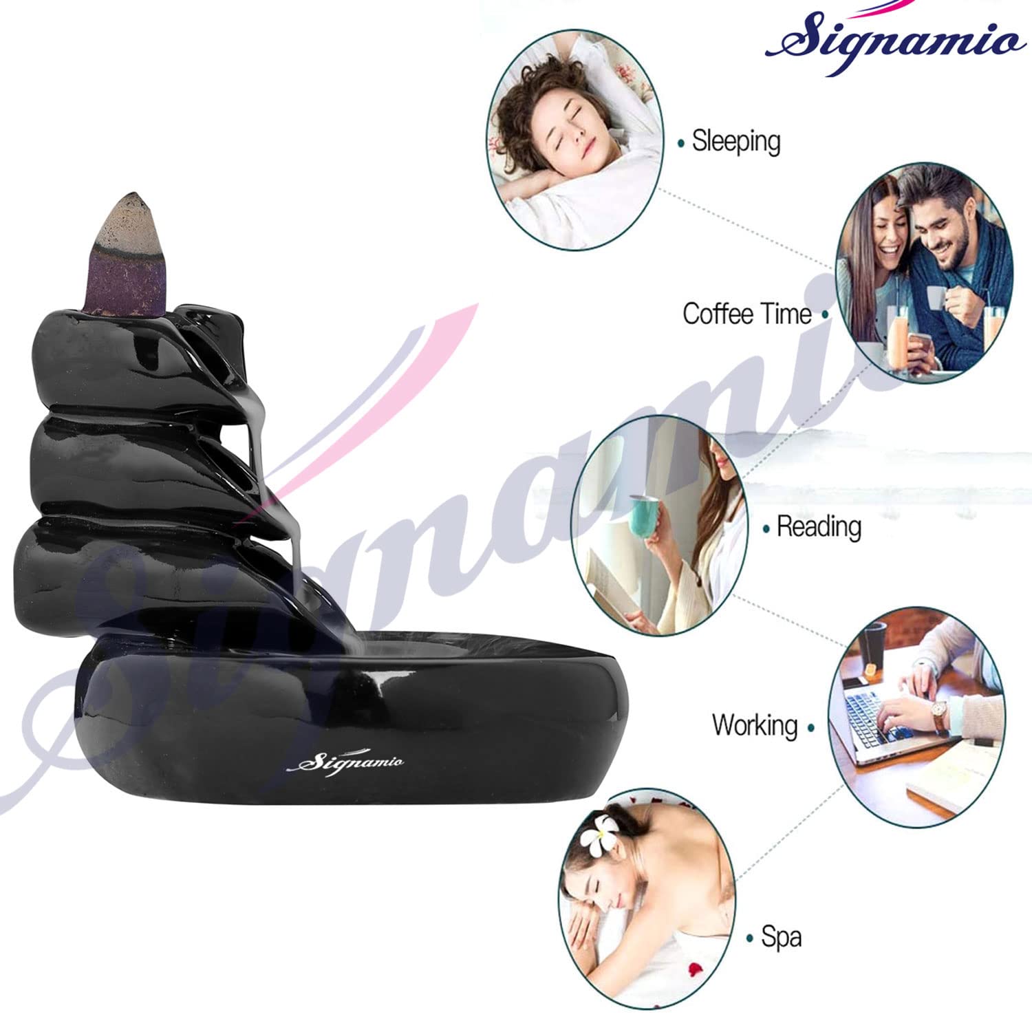 Signamio Ceramic Backflow Incense Fountain - 30 Cones Included for Pooja Meditation, Elegant Backflow Incense Holder, Aesthetic Incense Burner for Decor-DN-24
