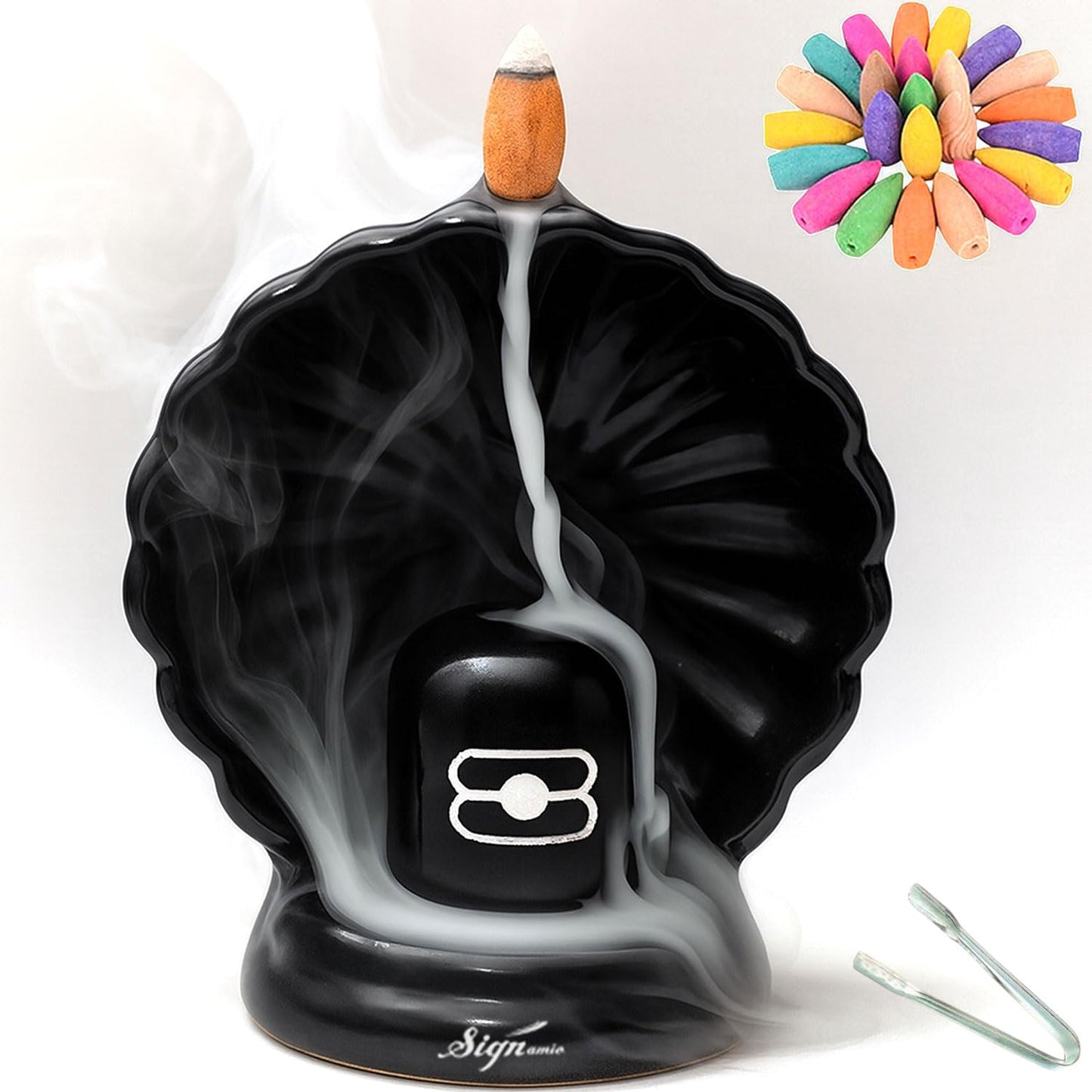 Signamio Aromatic Essence of Ceramic Shivling Backflow dhoop Smoke Fountain Incense Burner Holder with 30 Cones - Lord Shiva Incense Holder for Meditation and Home Décor, Black