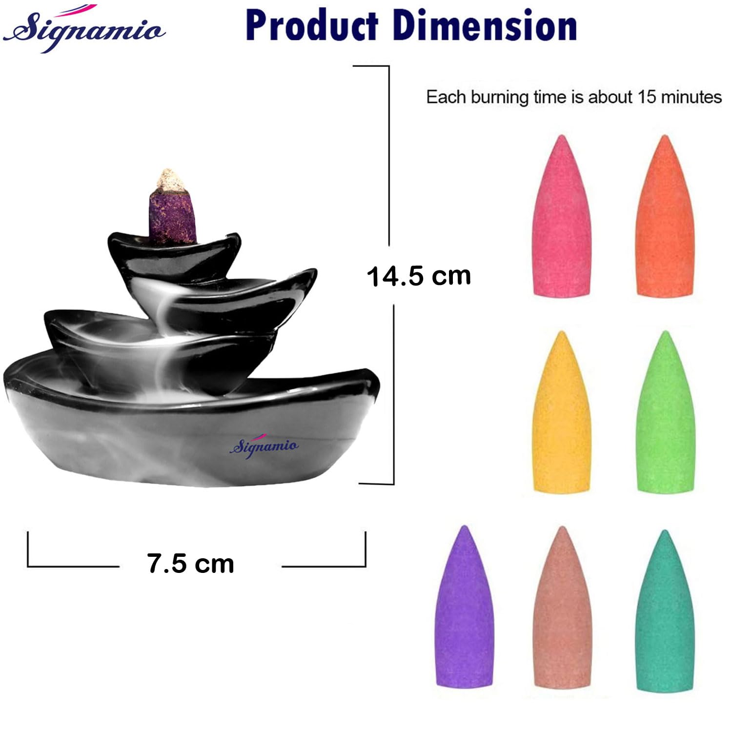 Signamio Ceramic Backflow Incense Fountain - 30 Cones Included for Pooja Meditation, Elegant Backflow Incense Holder, Aesthetic Incense Burner for Decor-DN-15