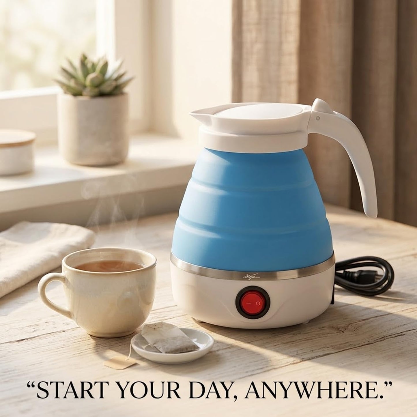 Signamio Electric Kettle - Portable for Travel, Foldable Silicone Travel Kettle, Compact and Lightweight, Ideal for Camping,Office, and Hotel Use, Quick Boil - 220V-600ML - Blue