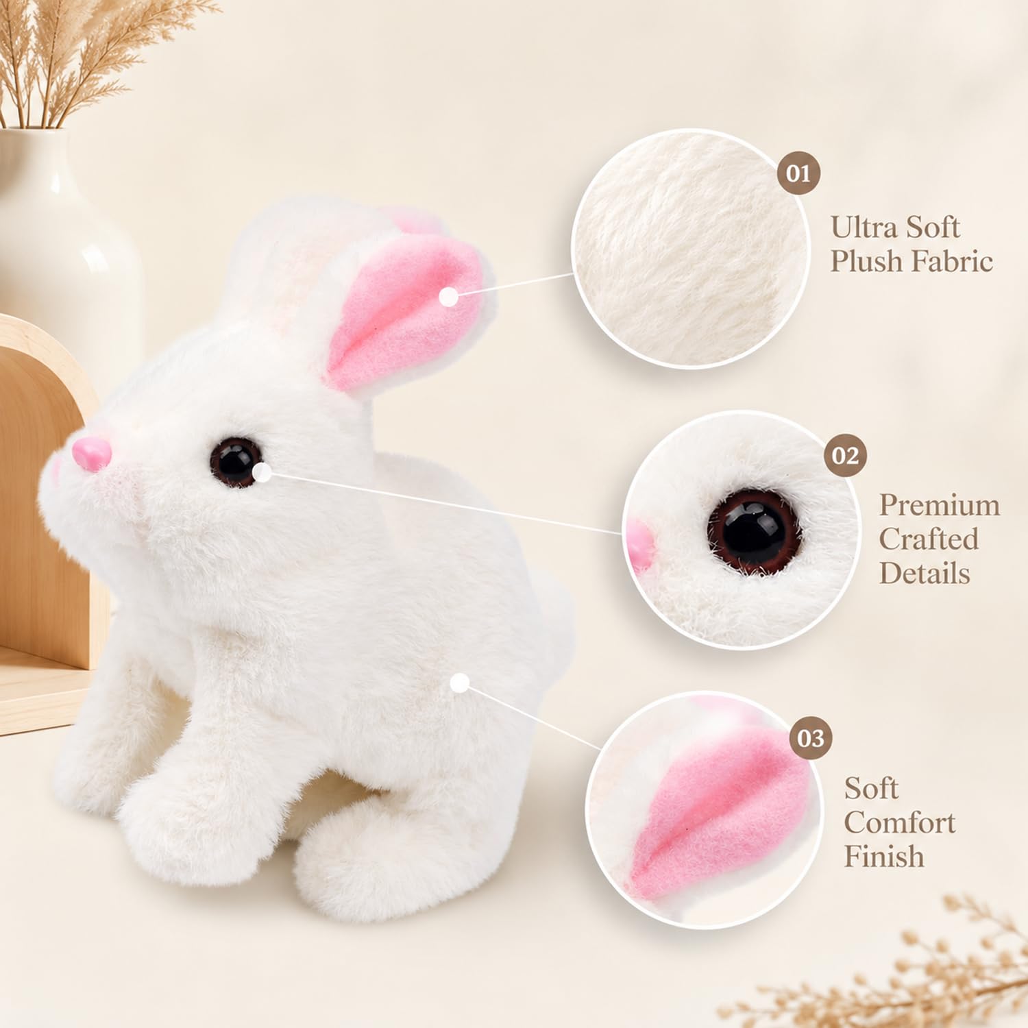 SIGNAMIO Jumping Rabbit Wiggling Ear, Walking Bunny Toy with Sounds, Twitching Mouth and Nose, Bunny Rabbit Toy for Baby Kids - White - 1 Pcs