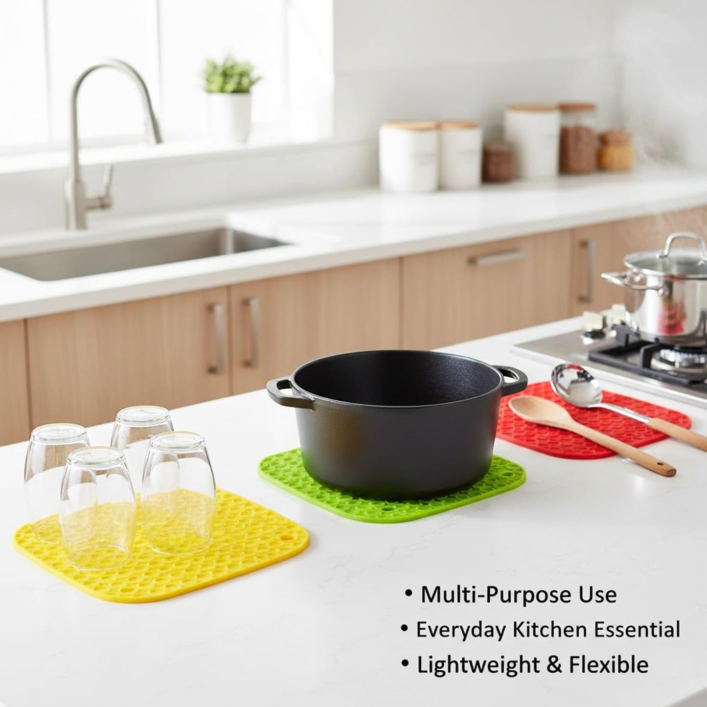 Signamio Silicone Mat for Kitchen - Pack of 4, Heat Resistant Coasters for Dining Table for Hot Pots, Heat Mats - Includes Round, Triangle, Square, Hexagon Shapes for Versatile Use