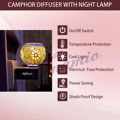 SIGNAMIO Multi Color 2 in 1 Kapoor Dani Electric Camphor Diffuser Burner & Aroma Diffuser Home Fragrance with Night Lamp, Perfect for Pooja Rooms & Daily Room Freshener Needs - DN-1
