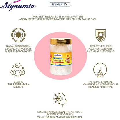 SIGNAMIO® Pure Bhimseni/Kapur/Camphor Pooja Tablets/Original Karpoor/Low Smoke Kapur for Pooja/Kapoor (Camphor Tablet Jar, 100 gm X Pack of 1)