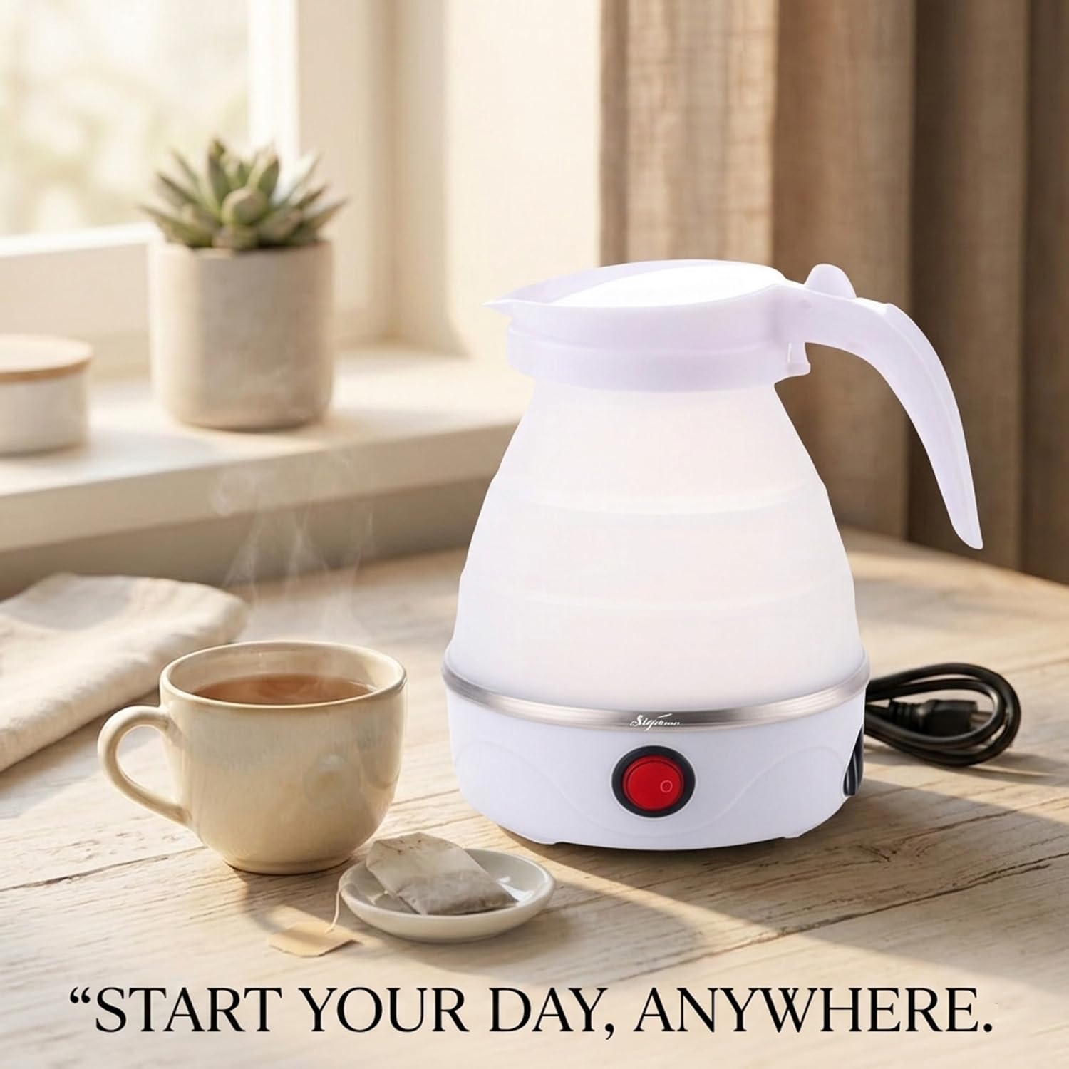 Signamio Electric Kettle - Portable for Travel, Foldable Silicone Travel Kettle, Compact and Lightweight, Ideal for Camping,Office, and Hotel Use, Quick Boil - 220V-600ML - White