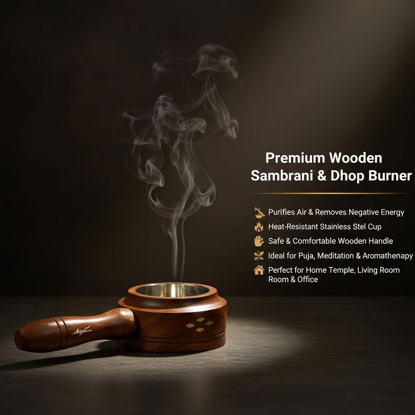 Signamio Wooden Sambrani Dhoop Holder with Handle - Elegant Bakhoor Burner, Loban Burner, Dhoop Dani with Handle, Premium Dhoop Stand for Home Use, Handcrafted Design, Durable Construction -DN-1