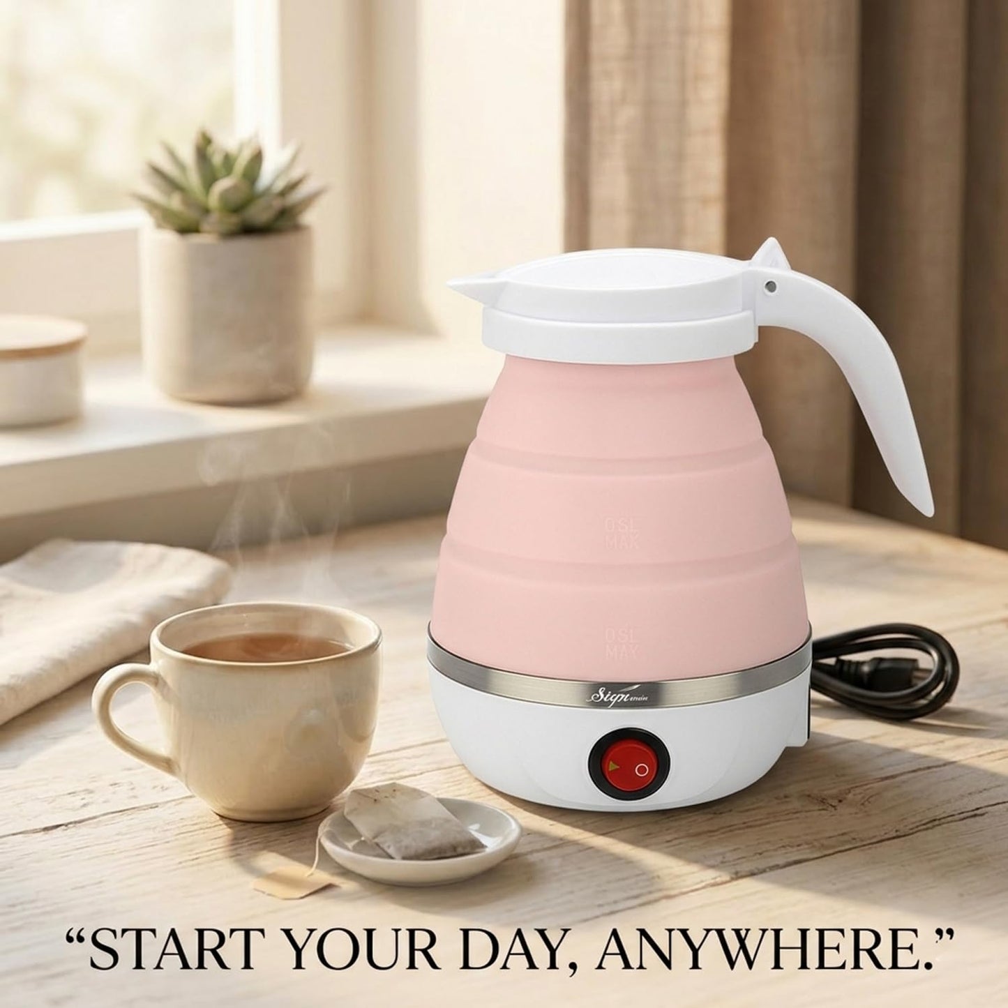 Signamio Electric Kettle - Portable for Travel, Foldable Silicone Travel Kettle, Compact and Lightweight, Ideal for Camping,Office, and Hotel Use, Quick Boil - 220V-600ML - Peach