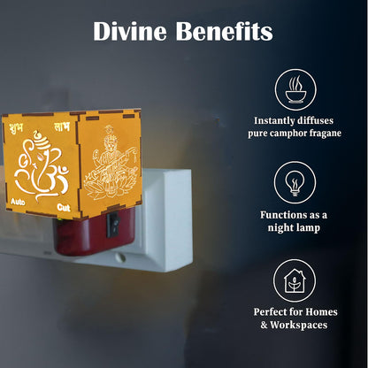 SIGNAMIO® Auto Cut Wooden Ganesha Laxmi Saraswati Camphor Kapoor Bakhoor Oud Aroma Oil Diffuser Incense Dhoop Burner Electrical Stand Machine for Home Fragrance with Night Lamp