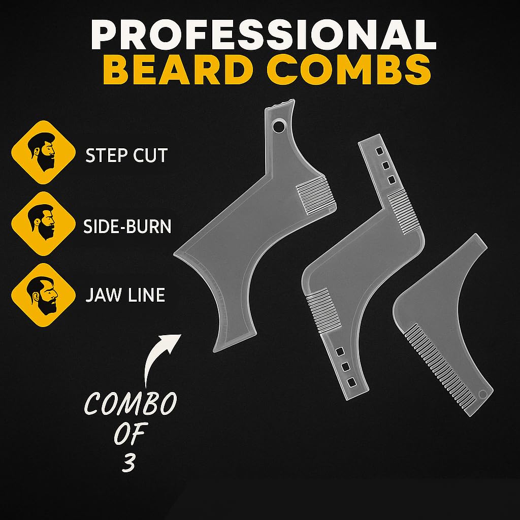SIGNAMIO Set of 3 Multi Purpose Transparent Beard Shaper tool for Men | Beard Shaping Stencil Comb for men styling shave for neck line guide - Grooming kit