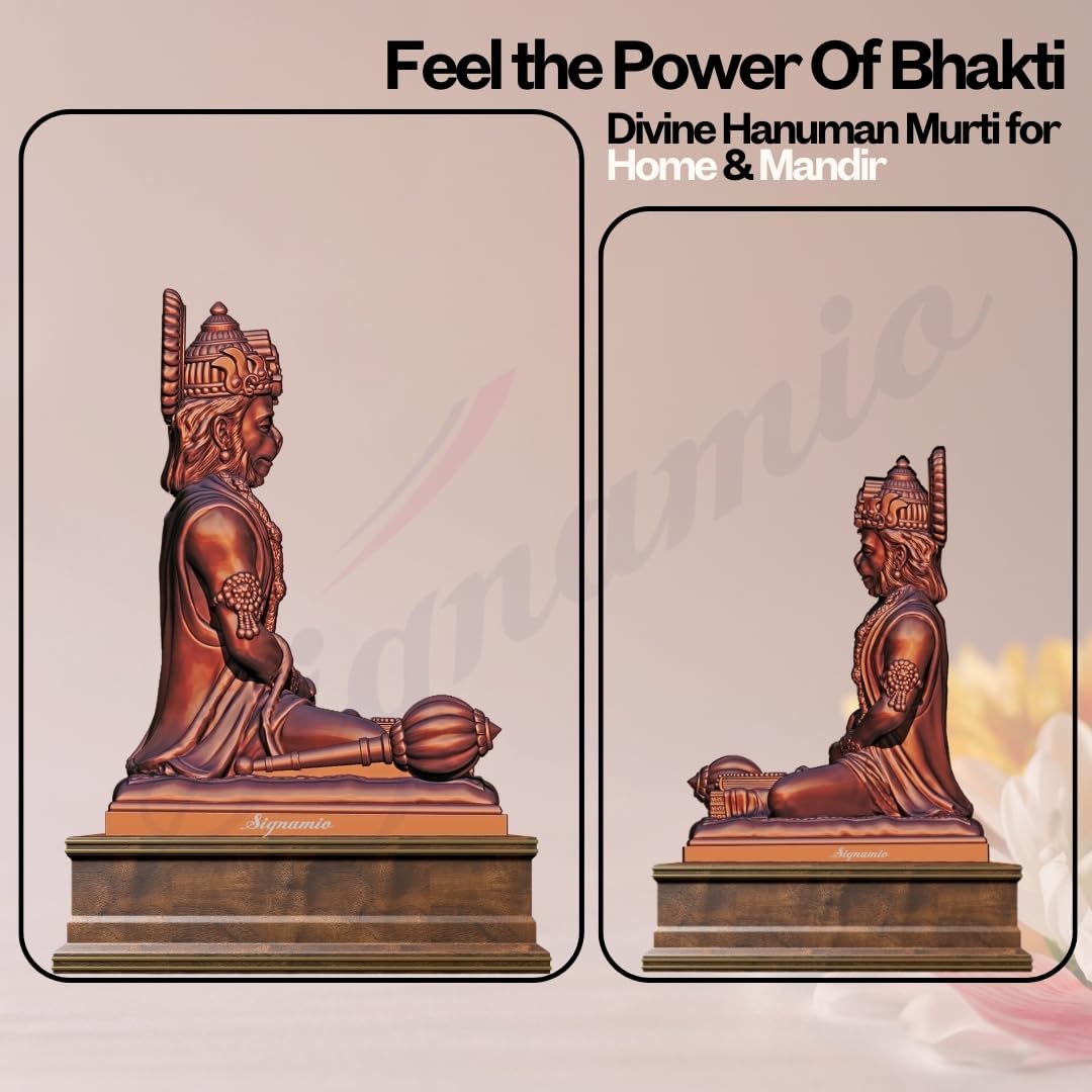 SIGNAMIO Copper Hanuman Ji Idol Statue for Car Dashboard - Divine Bajrangbali Murti, Perfect Hindu God Gift Item and Home Puja Decoration Ideal Hanuman Murti as Car Dashboard Accessory, 8.3 x 7.5 Cm