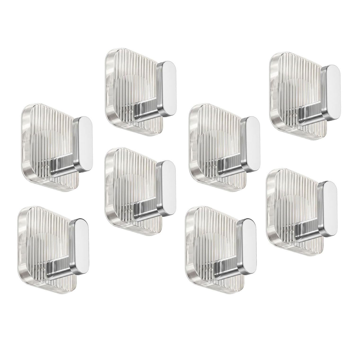 SIGNAMIO 8 Hook Self Adhesive Wall Hooks for Wall Heavy Items, Adhesive Wall Hook, Wall Hooks for Hanging Clothes, Kitchen & Bathroom Accessories, Stick On Hooks for Wall Without Drill -Silver