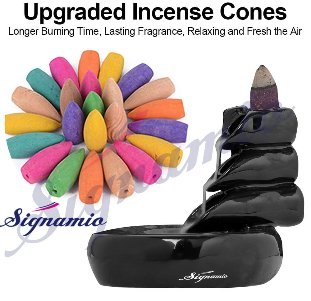 Signamio Ceramic Backflow Incense Fountain - 30 Cones Included for Pooja Meditation, Elegant Backflow Incense Holder, Aesthetic Incense Burner for Decor-DN-24
