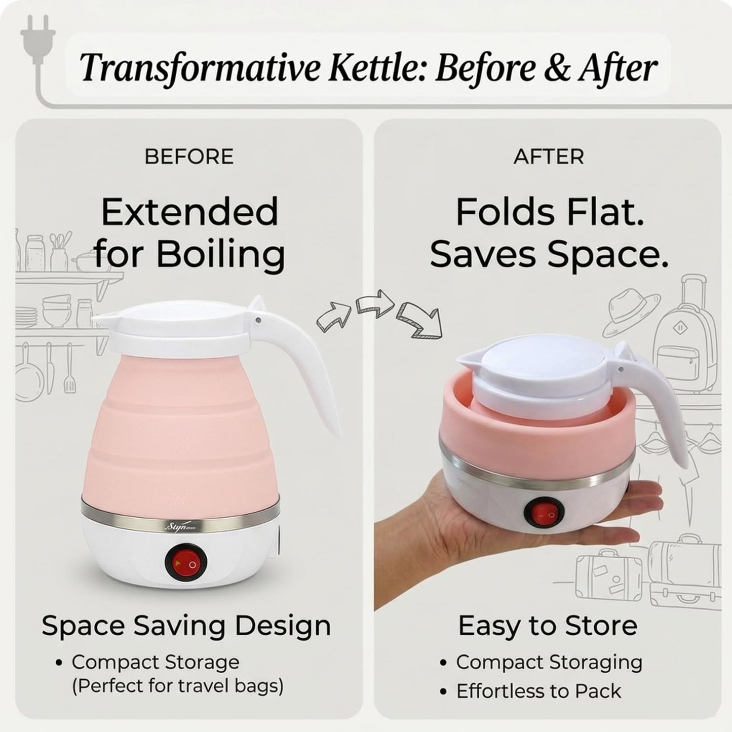 Signamio Electric Kettle - Portable for Travel, Foldable Silicone Travel Kettle, Compact and Lightweight, Ideal for Camping,Office, and Hotel Use, Quick Boil - 220V-600ML - Peach