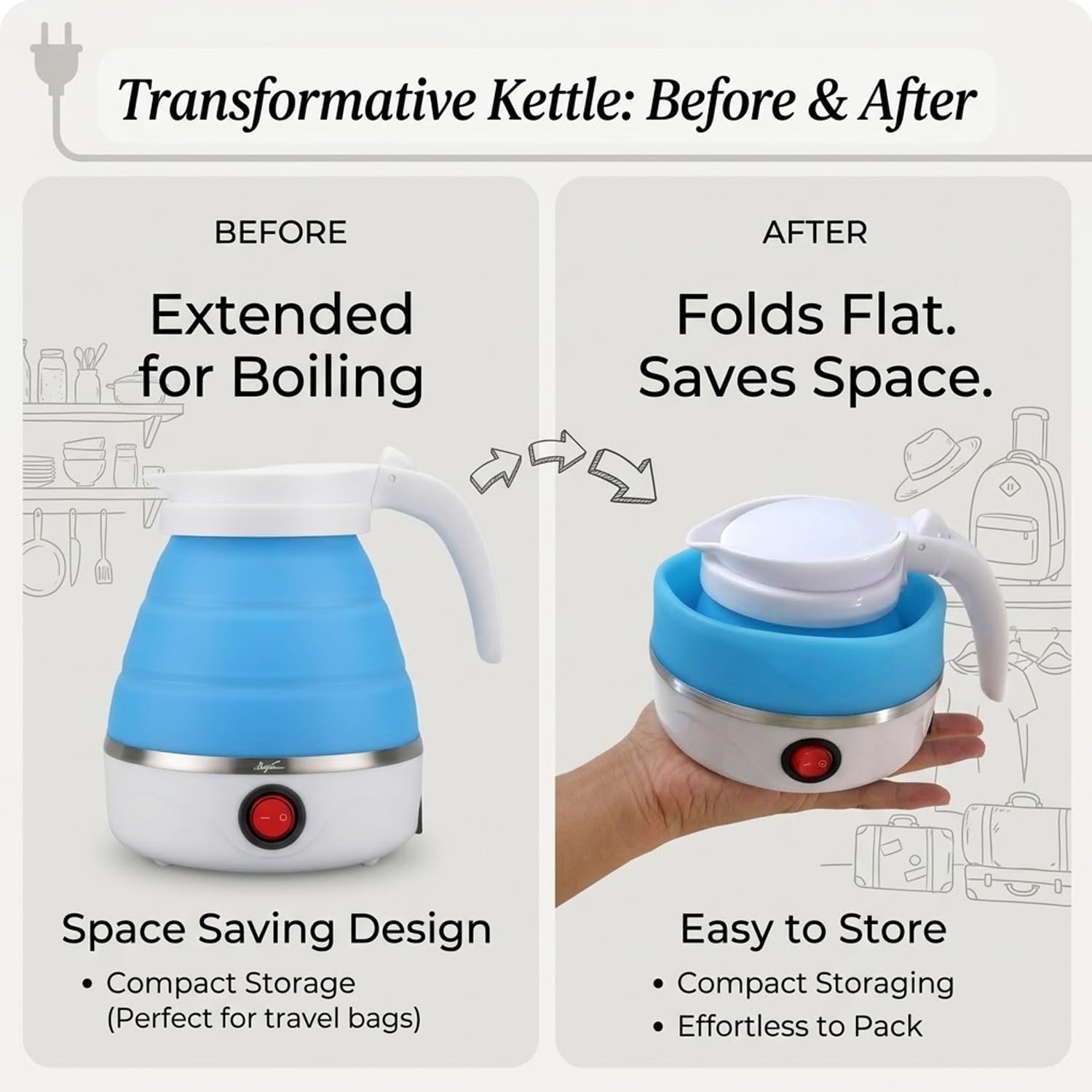 Signamio Electric Kettle - Portable for Travel, Foldable Silicone Travel Kettle, Compact and Lightweight, Ideal for Camping,Office, and Hotel Use, Quick Boil - 220V-600ML - Blue