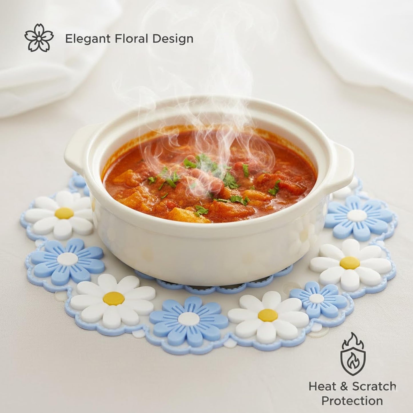 Signamio Silicone Mat for Kitchen - Heat Resistant Flower Shaped Trivet Mat Set, Coasters for Dining Table for Hot Pots, Pack of 3-1 Small, 1 Medium, 1 Large Heat Mats - Blue