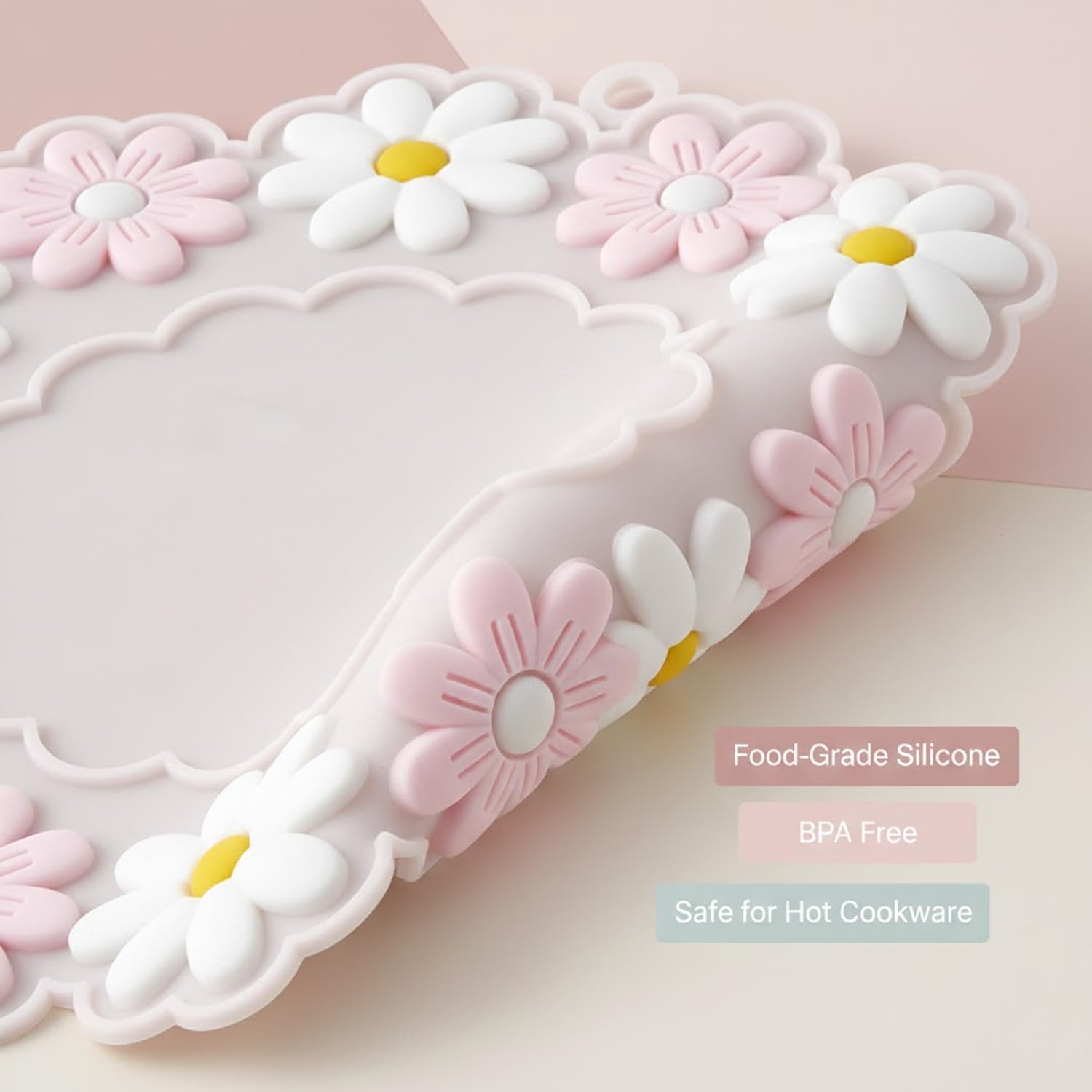 Signamio Silicone Mat for Kitchen - Heat Resistant Flower Shaped Trivet Mat Set, Coasters for Dining Table for Hot Pots, Pack of 3-1 Small, 1 Medium, 1 Large Heat Mats - Pink