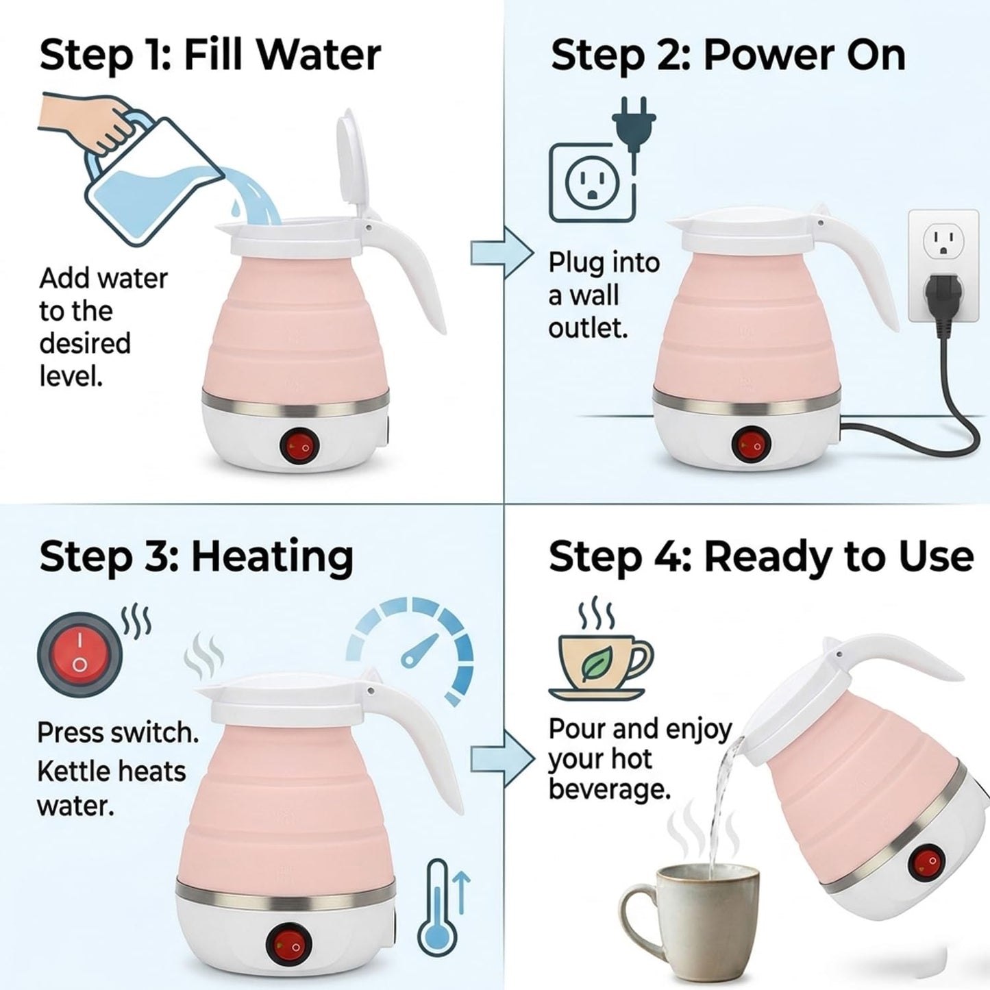 Signamio Electric Kettle - Portable for Travel, Foldable Silicone Travel Kettle, Compact and Lightweight, Ideal for Camping,Office, and Hotel Use, Quick Boil - 220V-600ML - Peach