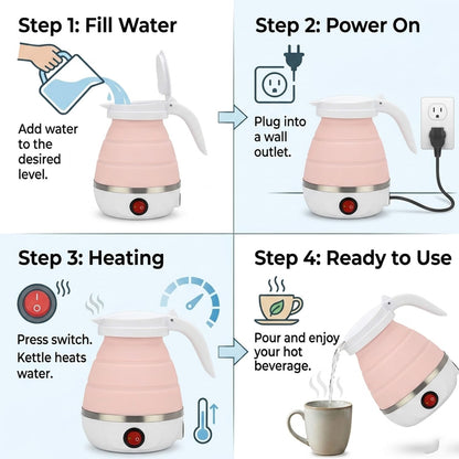 Signamio Electric Kettle - Portable for Travel, Foldable Silicone Travel Kettle, Compact and Lightweight, Ideal for Camping,Office, and Hotel Use, Quick Boil - 220V-600ML - Peach