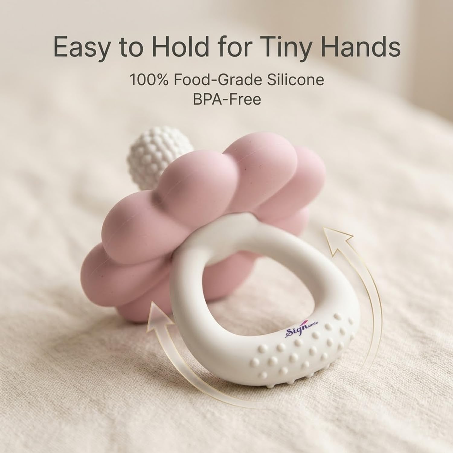 Signamio Silicone Teether for Baby, BPA Free - Food Grade, Non Toxic PVC Free, Easy Grip Handle, Soft Edges, Baby Teethers for 6 to 12 Months, Teethers for 3 to 6 Months, Soft - Pink