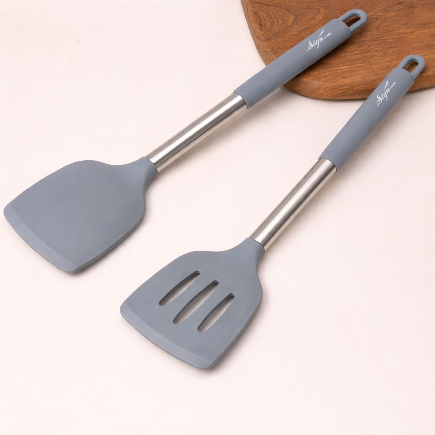 Signamio Silicone Spatula and Turner Set of 2 with Steel Handle - Non-Stick Pan Compatible for Cooking, Baking, and More - Durable for Kitchen Use-Grey