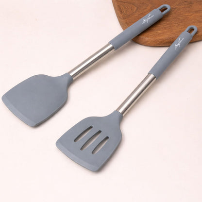 Signamio Silicone Spatula and Turner Set of 2 with Steel Handle - Non-Stick Pan Compatible for Cooking, Baking, and More - Durable for Kitchen Use-Grey