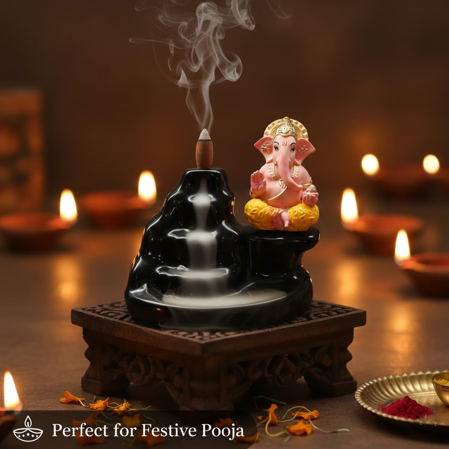 Signamio Ganesha Backflow dhoop Smoke Fountain Aromatic Essence of Ceramic Incense Burner Holder with 30 Cones for Meditation and Home Decor-DN