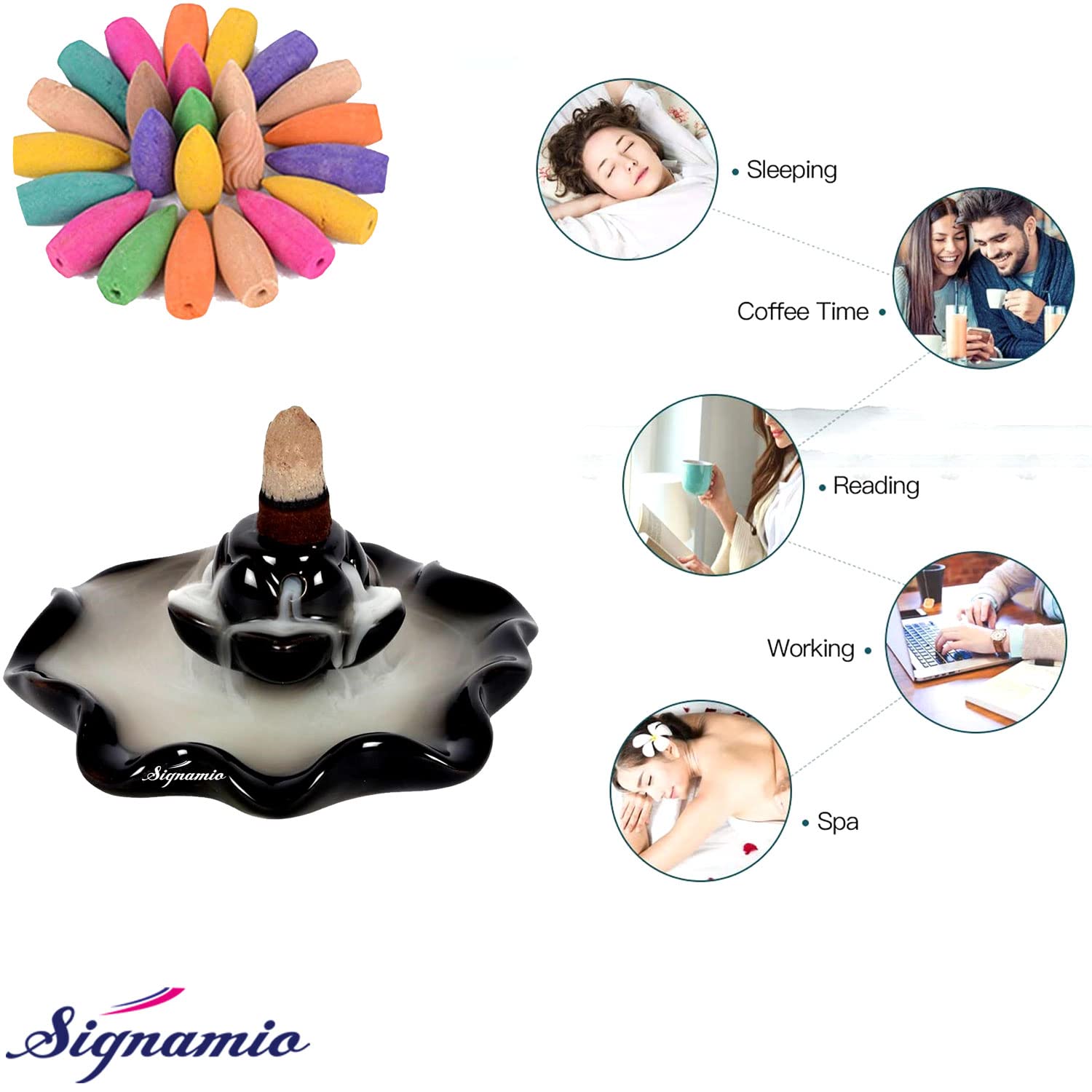 Signamio Ceramic Decorative Incense Stick Stand with Backflow Incense Smoke Fountain - 30 Cones Included for Pooja Meditation, Backflow Incense Burner Holder for Decor