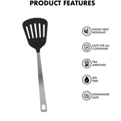 SIGNAMIO® Black Nylon Slotted Turner Spatula for Non Stick Pan - Steel Handle, Ideal for Dosa, Omelet, and Roti Cooking, 30.x 5.CM