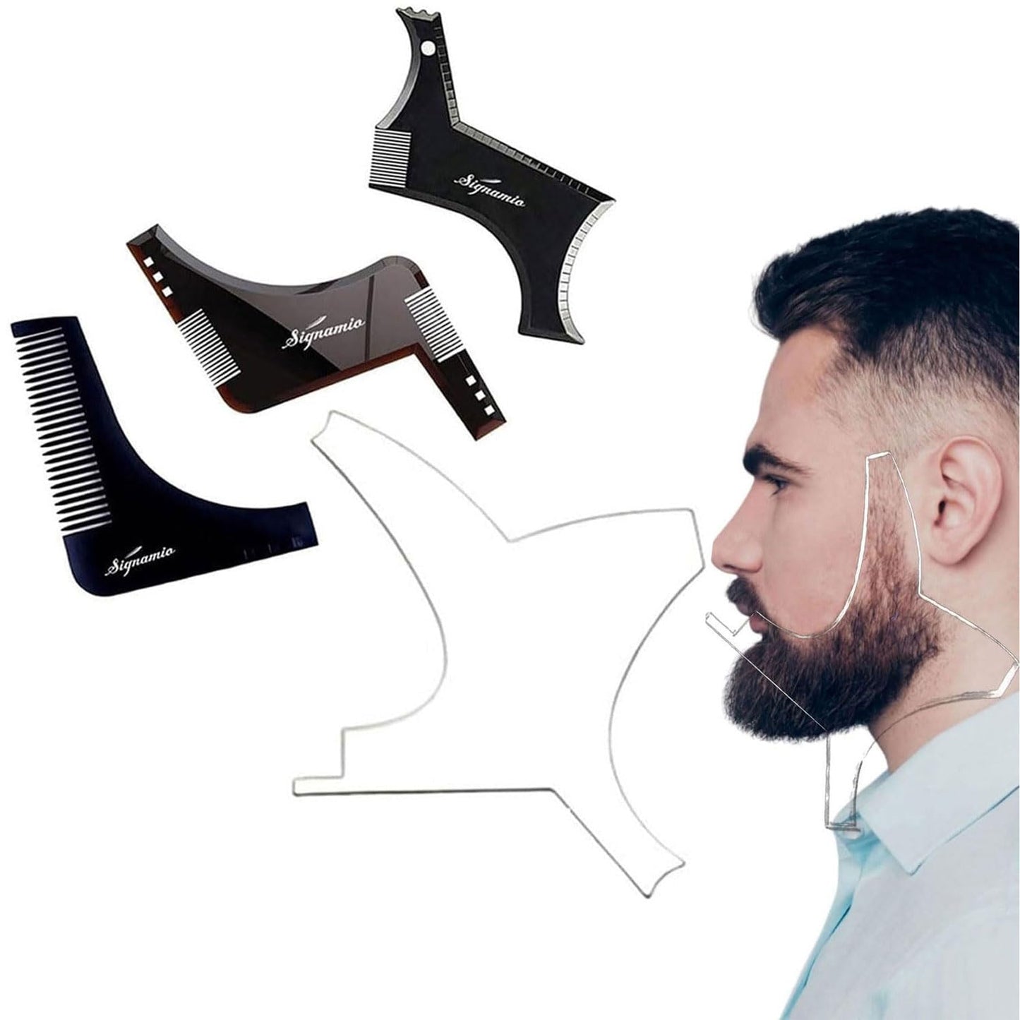 SIGNAMIO Set of 3 Multi Purpose Transparent Beard Shaper tool for Men | Beard Shaping Stencil Comb for men styling shave for neck line guide - Grooming kit