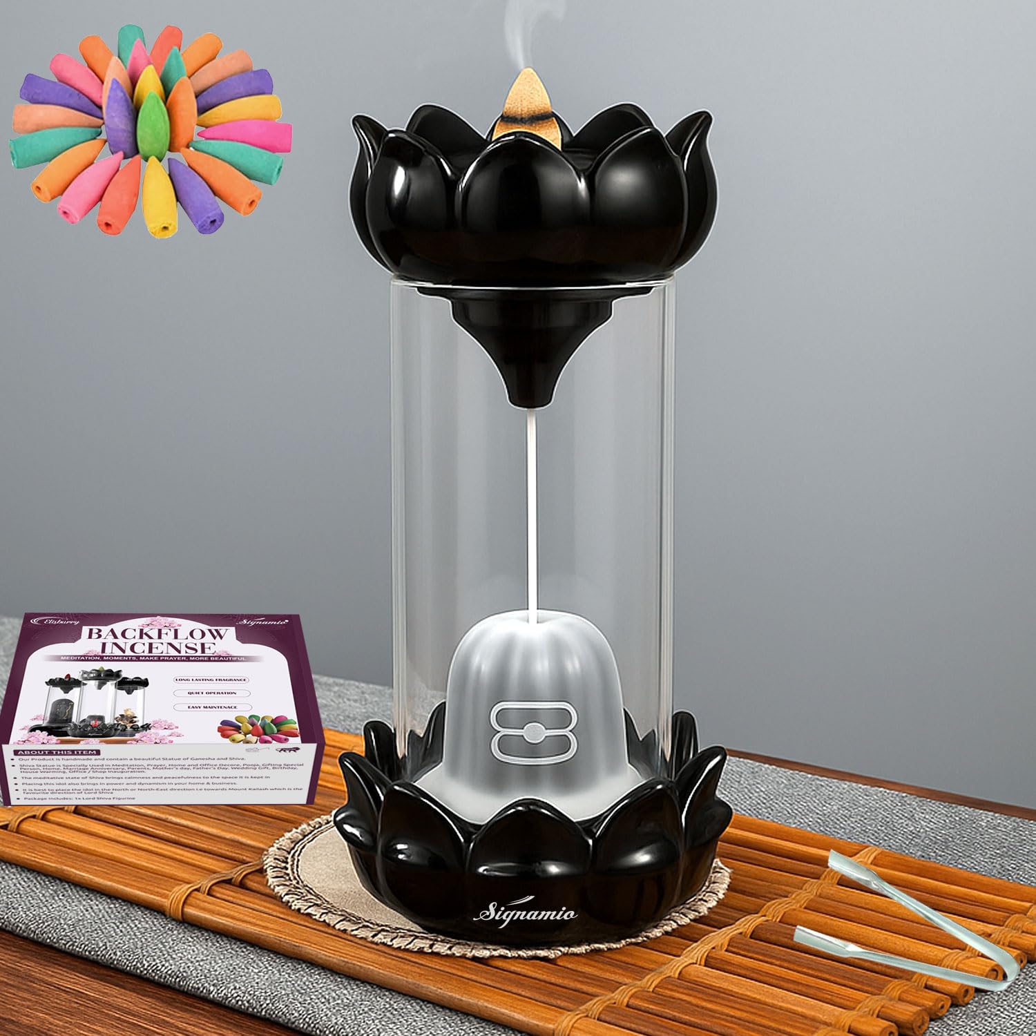 Signamio Aromatic Essence of Ceramic Shivling Shiva Backflow dhoop Smoke Fountain Incense Burner Holder with 30 Cones - Incense Holder for Meditation and Home Decor,Blue