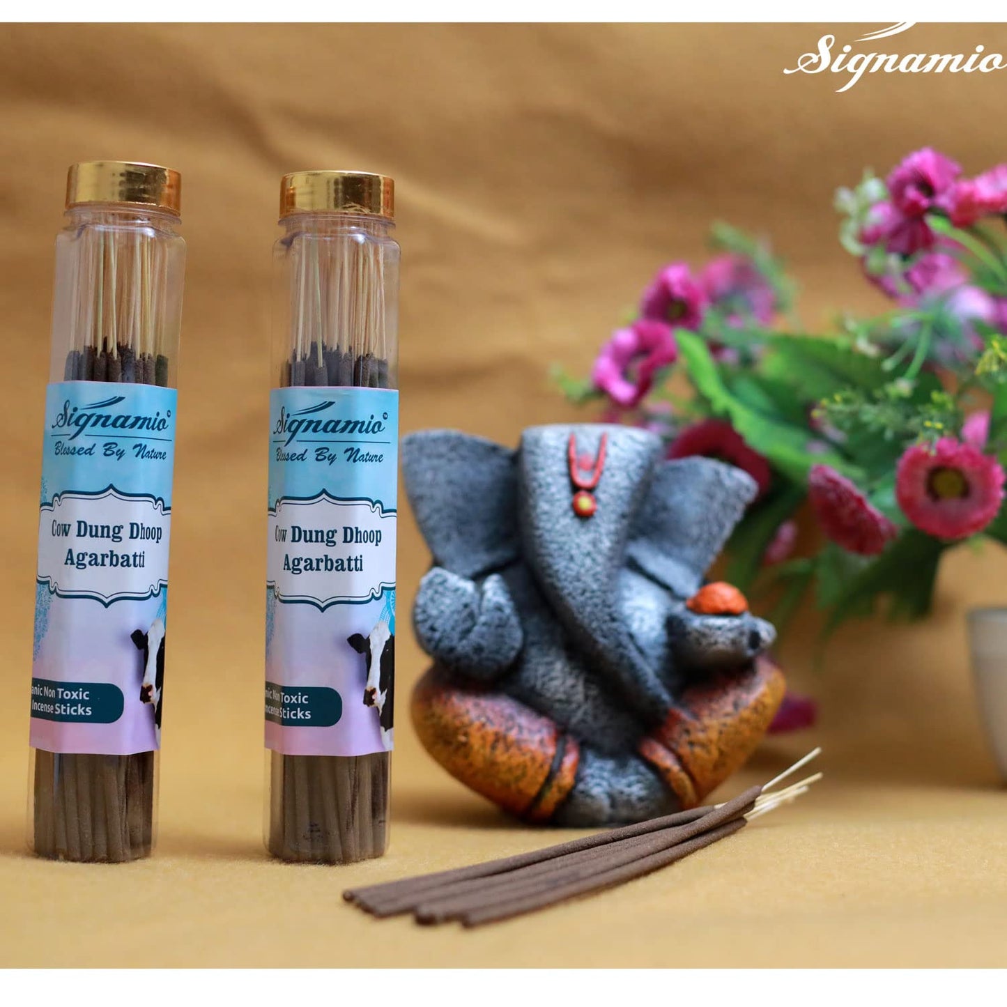 SIGNAMIO® Pure Organic Cow Dung Dhoop Agarbatti with Natural Herbs & No Charcoal,Incense Sticks,Agarbatti for Pooja,Desi Cow Dung Dhoop Batti,for Home,Office-(100g x 2 Bottle)