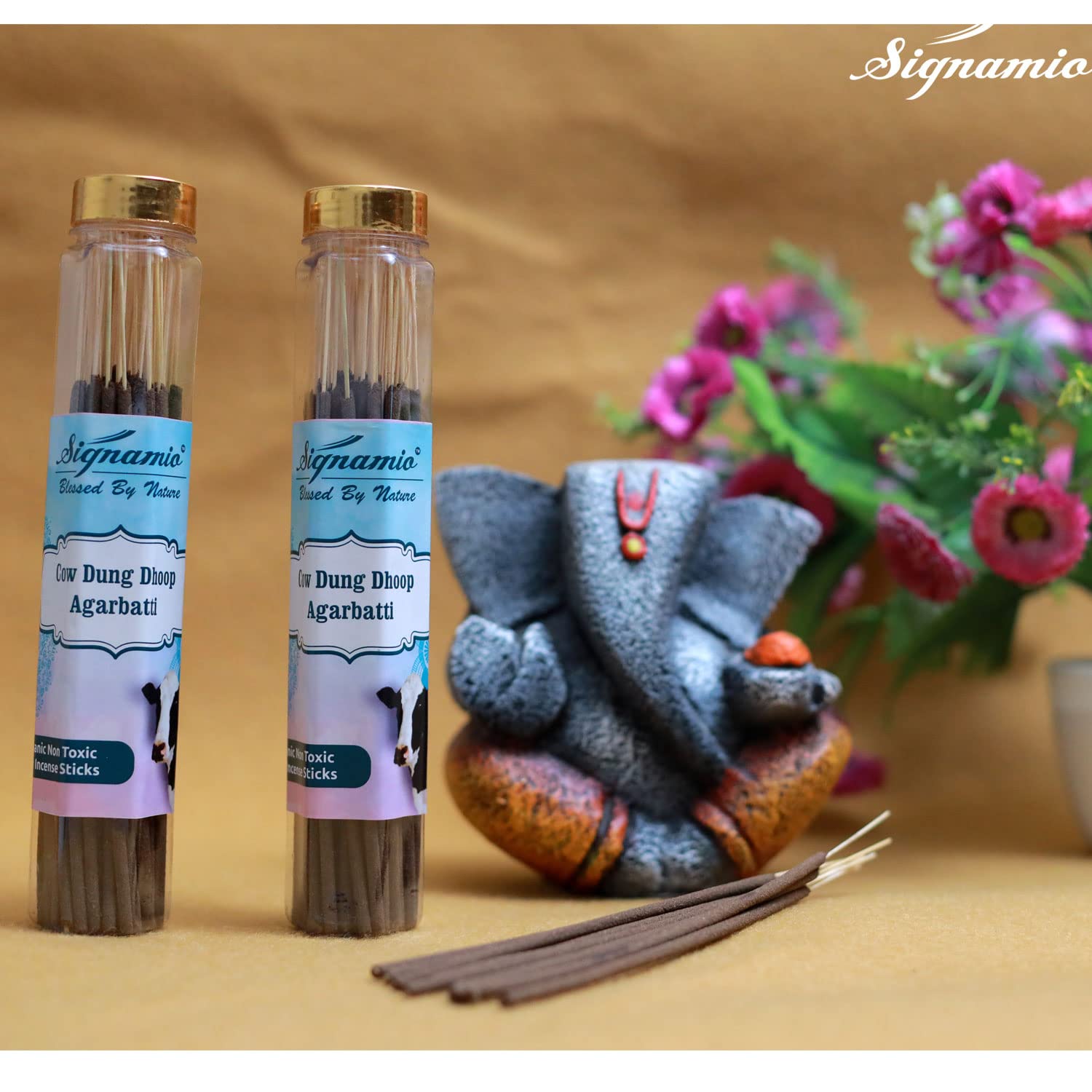 SIGNAMIO® Pure Organic Cow Dung Dhoop Agarbatti with Natural Herbs & No Charcoal,Incense Sticks,Agarbatti for Pooja,Desi Cow Dung Dhoop Batti,for Home,Office-(100g x 2 Bottle)