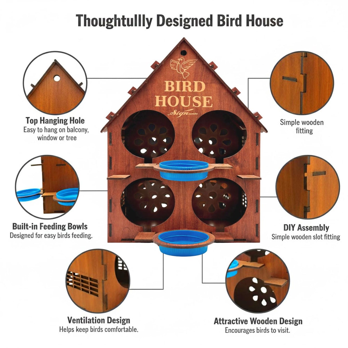 Signamio Upgraded Wooden Bird House with 4 Bird Space Option and Water Feeder - Large Bird Nest for Outdoor Use, Durable Birds Nest Home, Ideal for Birdwatching Enthusiasts