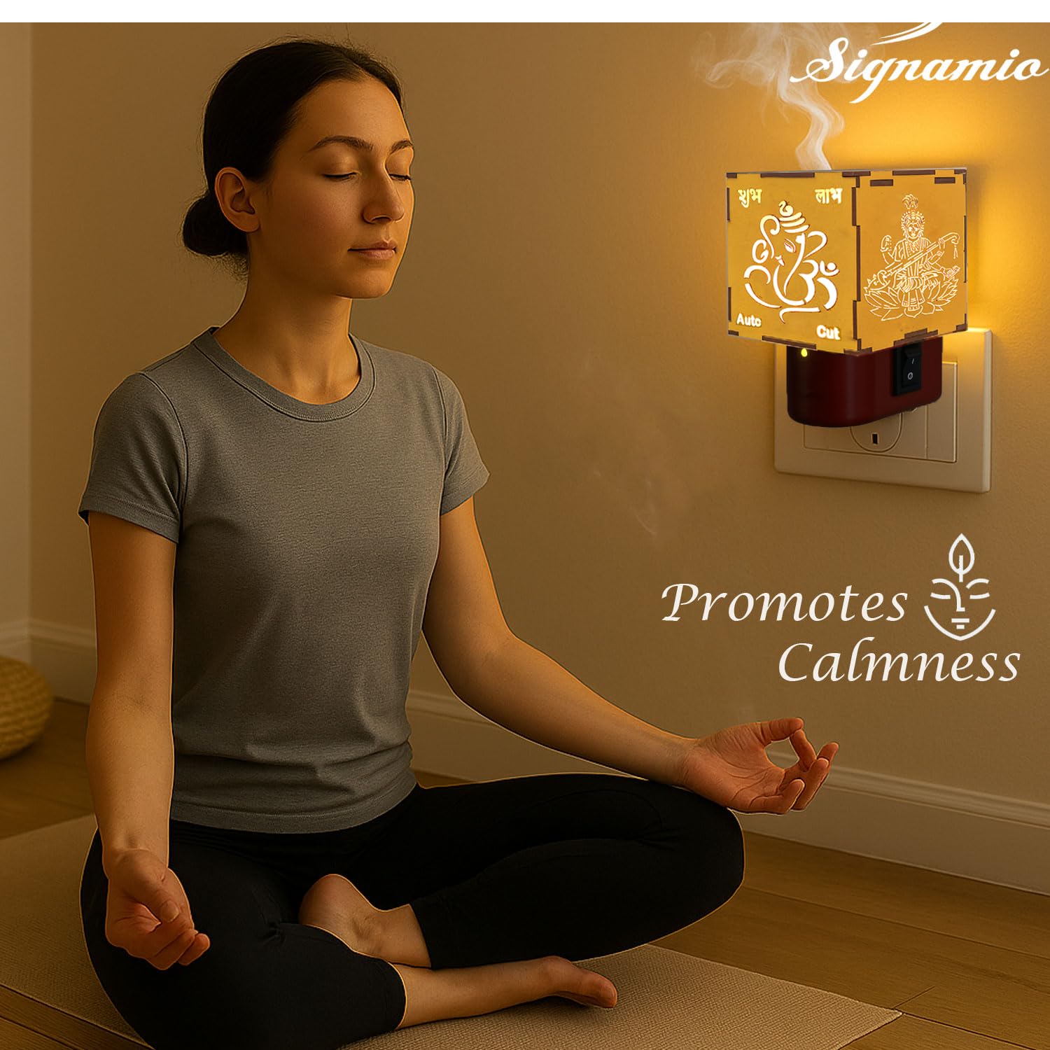SIGNAMIO® Auto Cut Wooden Ganesha Laxmi Saraswati Camphor Kapoor Bakhoor Oud Aroma Oil Diffuser Incense Dhoop Burner Electrical Stand Machine for Home Fragrance with Night Lamp