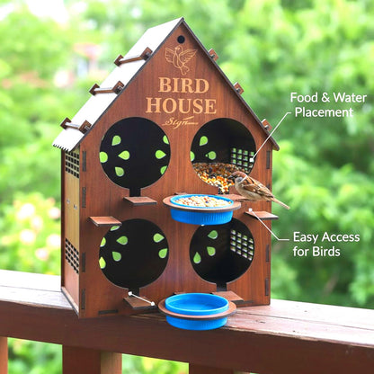 Signamio Upgraded Wooden Bird House with 4 Bird Space Option and Water Feeder - Large Bird Nest for Outdoor Use, Durable Birds Nest Home, Ideal for Birdwatching Enthusiasts