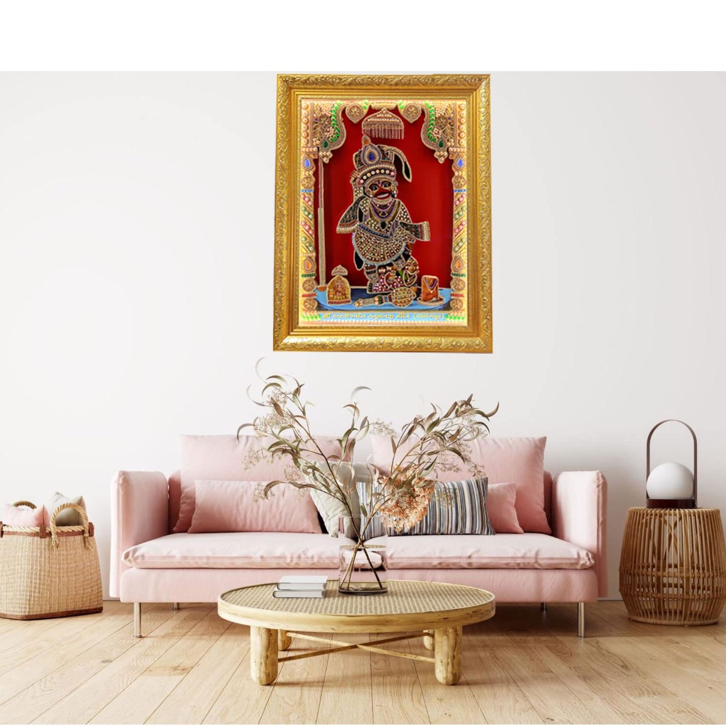 SIGNAMIO® Designer Handmade Stone Moti Work with Gold led Light Sculpture of 3D Salangpur Kashtbhanjan Dev Hanuman ji Bajarang Bali wall Hanging Decoration Photo Frame for Puja Home-1pcs (23x18 Inch)