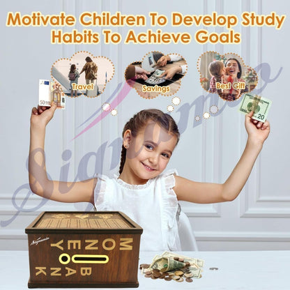 Signamio Wooden Money Saving Piggy Bank Box with Numbers - Perfect Money Saving Box for Kids and Adults, Ideal Money Bank for Girls, Gullak for Men and Women, Kiddy Savings Bank with Amount Displayed