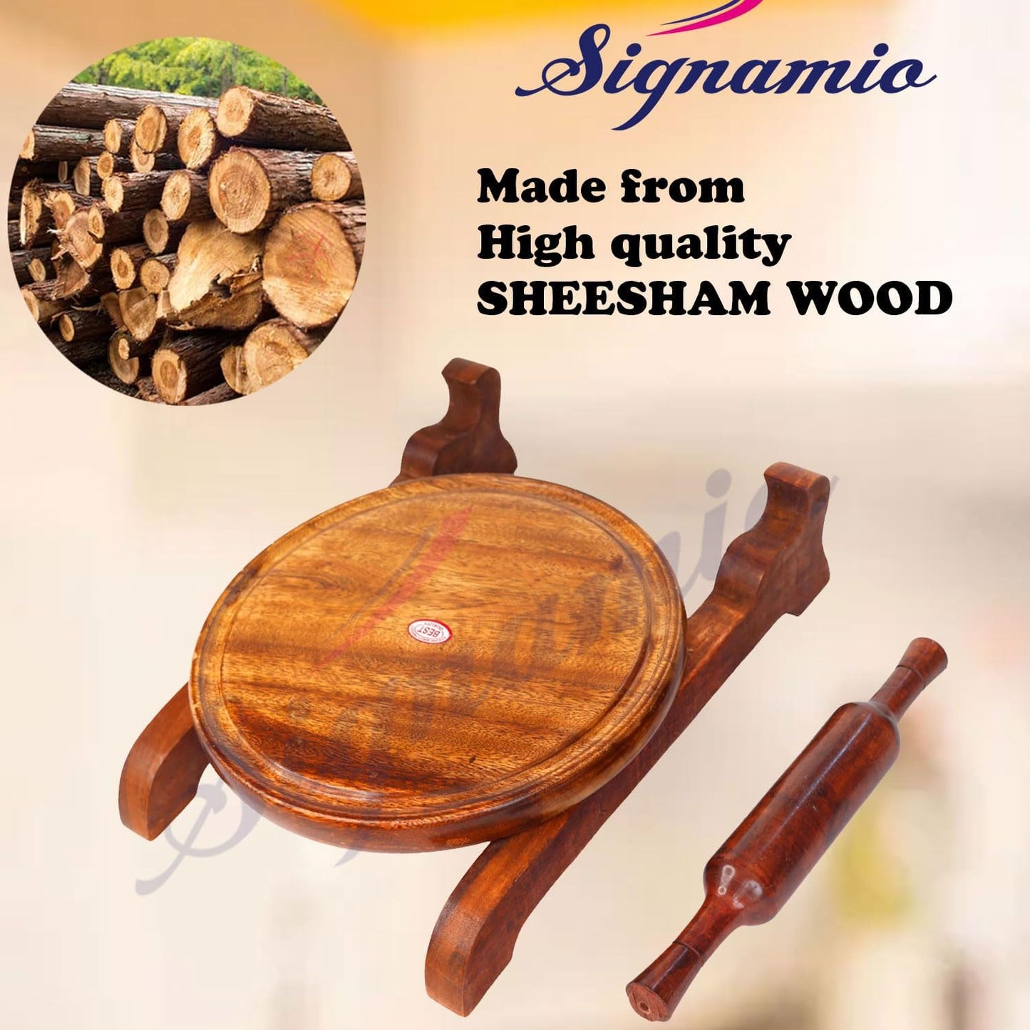 SIGNAMIO® Wooden Chakla Belan Set for Kitchen - Roti Maker with Rolling Pin and Board Stand - Perfect Chapati Rolling Board and Polpat Latna for Effortless Roti and Chapati Preparation