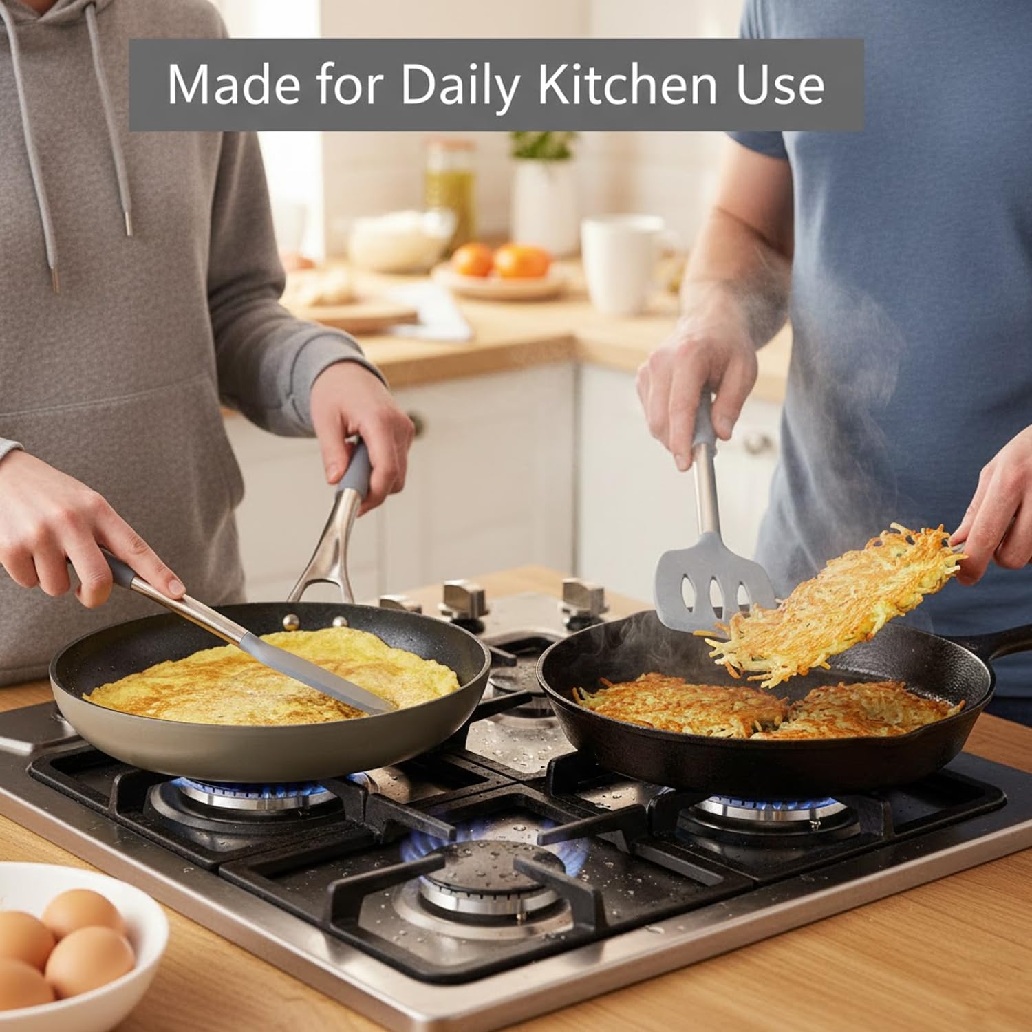Signamio Silicone Spatula and Turner Set of 2 with Steel Handle - Non-Stick Pan Compatible for Cooking, Baking, and More - Durable for Kitchen Use-Grey