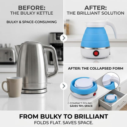 Signamio Electric Kettle - Portable for Travel, Foldable Silicone Travel Kettle, Compact and Lightweight, Ideal for Camping,Office, and Hotel Use, Quick Boil - 220V-600ML - Blue