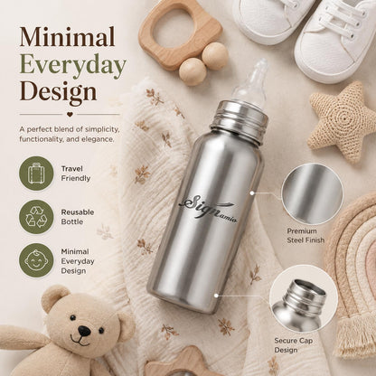 Signamio Stainless Steel Feeding Bottle for New Born Baby | Milk Feeding Bottle with Silicone Nipple & Cap | Feeder Bottle for 1 Year Baby | Baby Feeding Bottle for Milk | Steel Milk Bottle for Kids