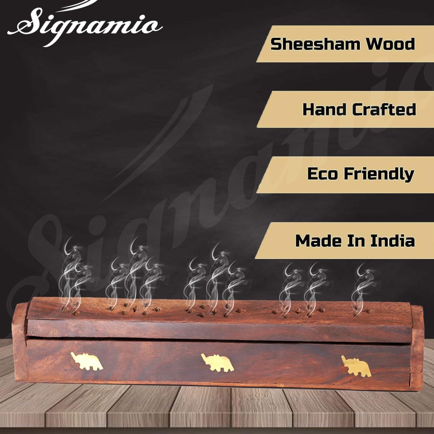 SIGNAMIO® 2pcs Wooden Horizontal Agarbatti and Dhoop Holder Premium Incense Stick Stand with Ash Catcher for Pooja Room - Essential Puja Items for Home & Agarbatti Stand Holder with Storage Box