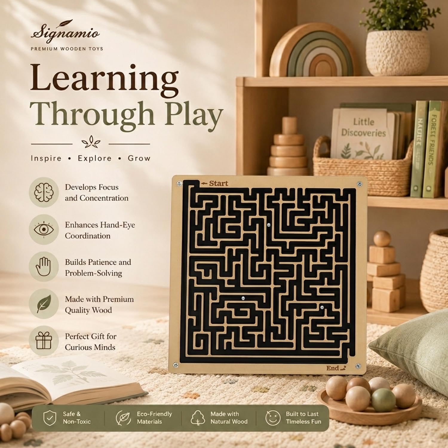SIGNAMIO® Indoor Wooden Puzzle Game Square Maze Ball - Engaging Mind Games for Kids & Adults, Perfect Brain Teaser & Time Pass Activity, Ideal Wooden Board Game for All Ages