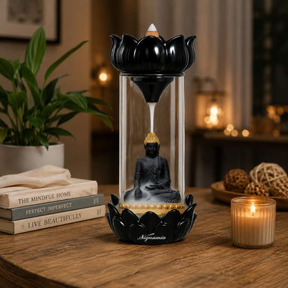 SIGNAMIO Ceramic Buddha Idols For Home Decor Backflow Smoke Fountain - Elegant Buddha Statue Design, Ideal Buddha Idol For Tranquil Ambiance In Your Home Or Office With 30 Cone, Black