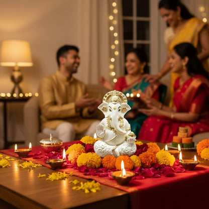 SIGNAMIO Handcrafted Ivory Ganesha Idol for Car Dashboard Item: Ganesh Ji, Ganpati Bappa Murti for Home Decor - Exquisite Car God Idols for a Divine Touch in Your Vehicle and Home