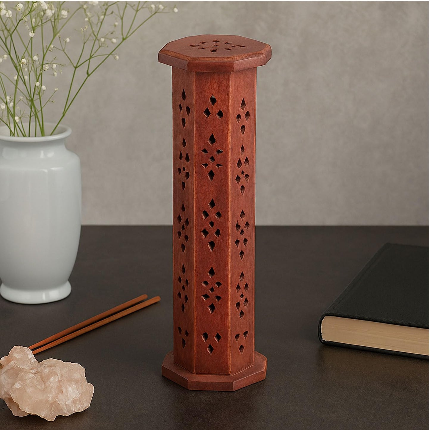 SIGNAMIO® 2pcs Wooden Tower Agarbatti and Dhoop Holder Premium Incense Stick Stand with Ash Catcher for Pooja Room Decoration - Puja Items for Home Mandir & Agarbatti Stand Holder with Storage Box