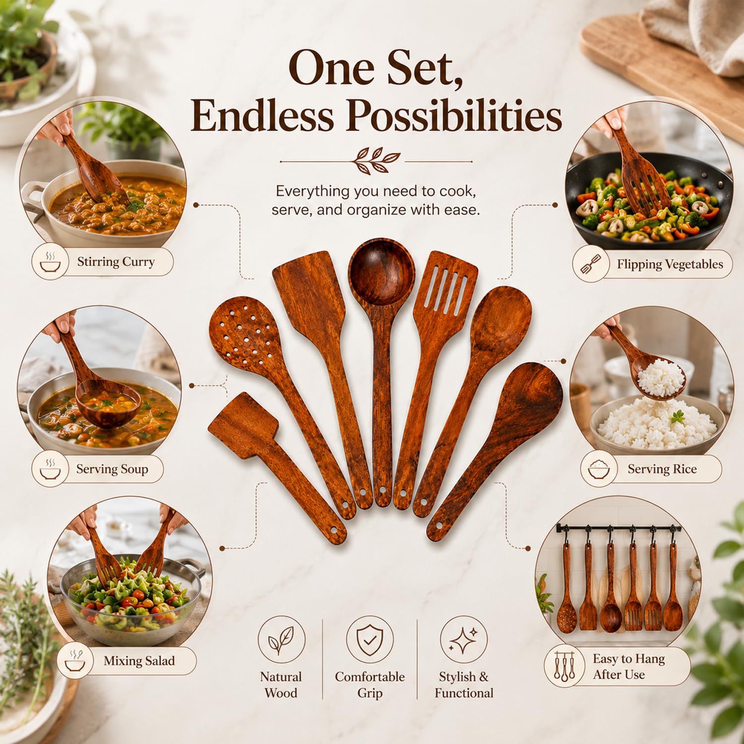 SIGNAMIO 7-Piece Wooden Spatula Set for Cooking, Natural Sheesham Wood Kitchen Utensils Set, Non-Stick Safe Cooking Tools, Turner, Ladle, Slotted Spatula & Serving Spoon Set for Kitchen