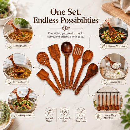 SIGNAMIO 7-Piece Wooden Spatula Set for Cooking, Natural Sheesham Wood Kitchen Utensils Set, Non-Stick Safe Cooking Tools, Turner, Ladle, Slotted Spatula & Serving Spoon Set for Kitchen